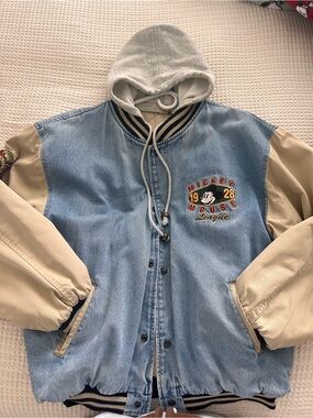 Vintage Mickey Mouse Light Blue Denim & Cream Varsity Jacket